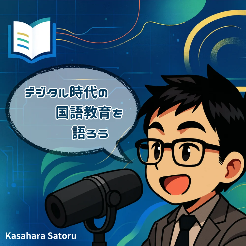 Podcast「デジタル時代の国語教育を語ろう」のアートワーク。マイクの前で話す男性、本、吹き出し、デジタル回路が描かれた濃紺のイラスト。
