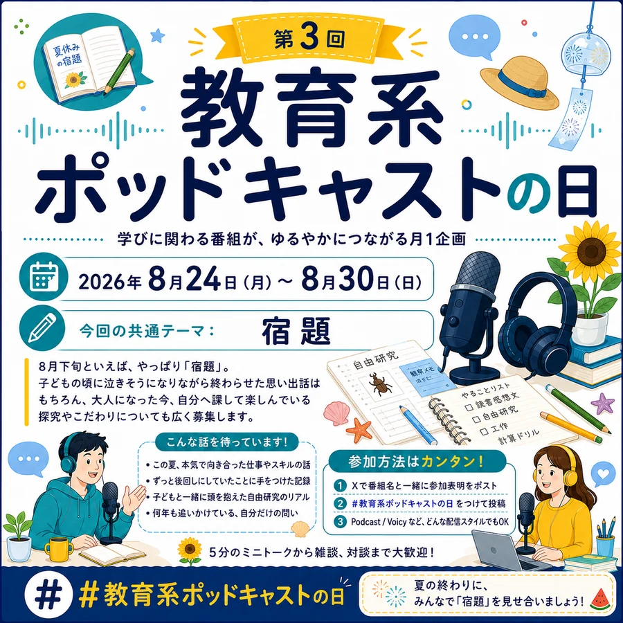 第3回 教育系ポッドキャストの日のキービジュアル。共通テーマ「宿題」、開催期間2026年8月24日（月）〜8月30日（日）。